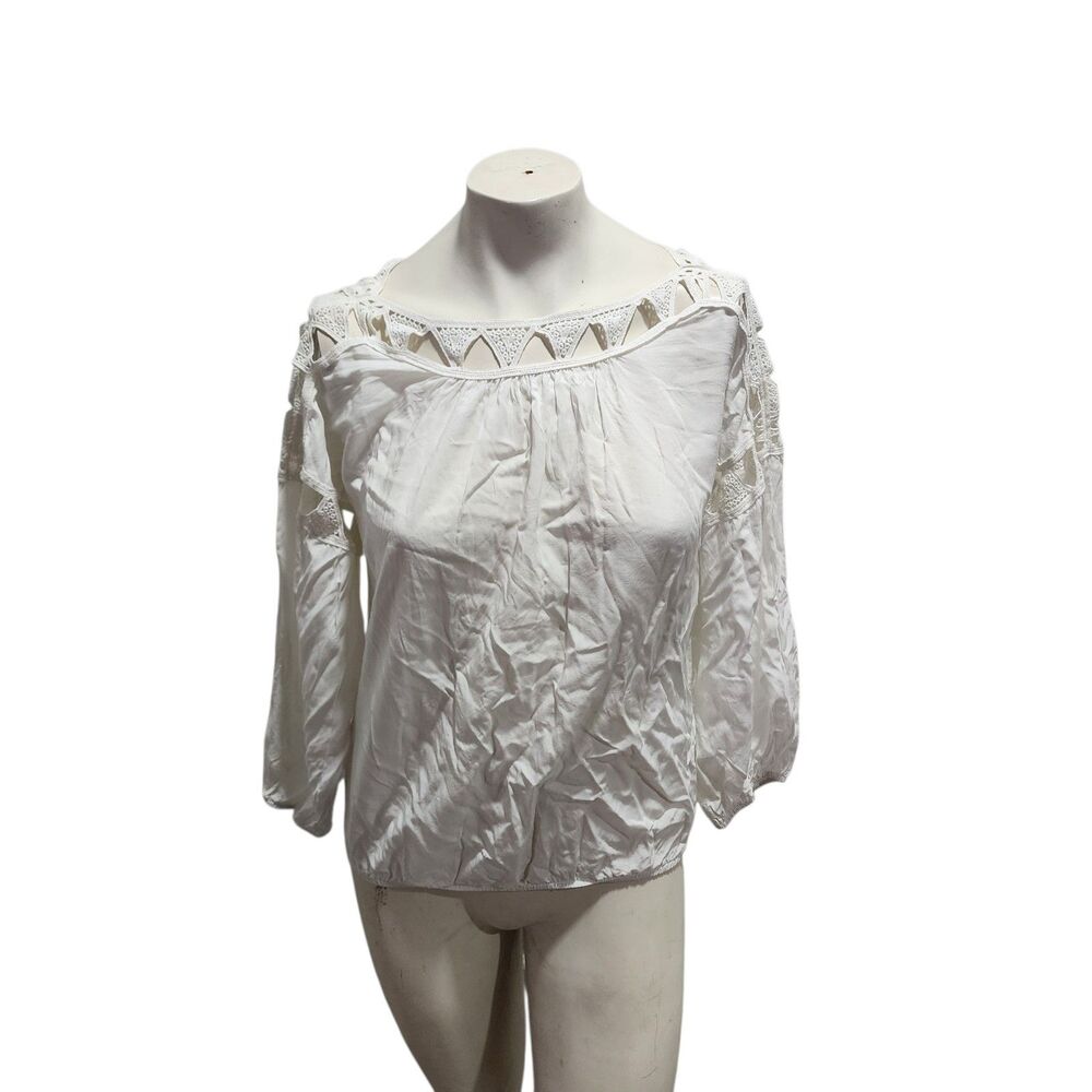Sophie Max Boho Peasant Top‎ Medium White Crochet Trim Cutout Shoulder Blouse